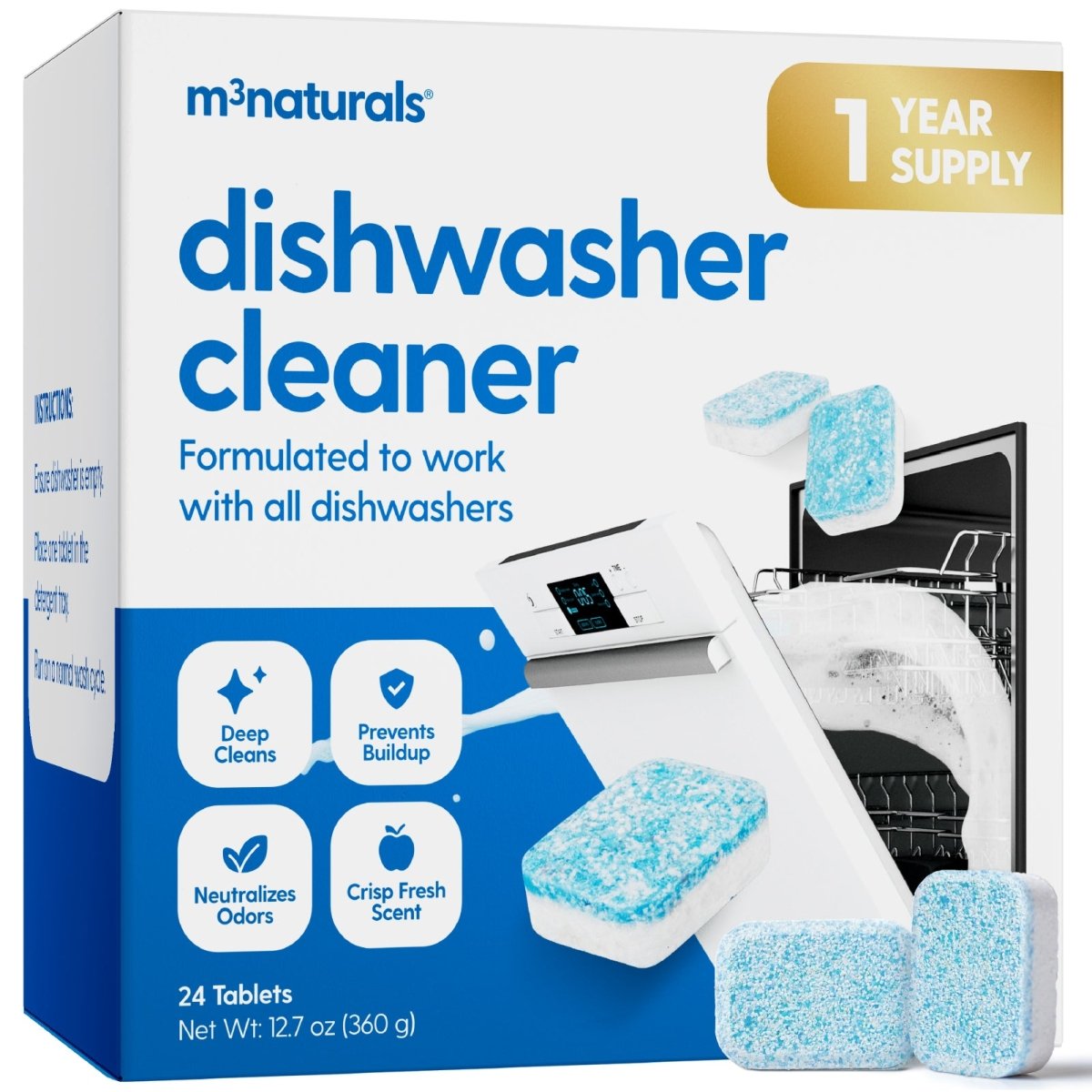 M3 Dishwasher Cleaner Tablets and Deodorizer | Fights Grime & Limescale | Septic Safe Heavy Duty Kitchen Cleaning Supplies, 24 Tablets 1-Year Supply